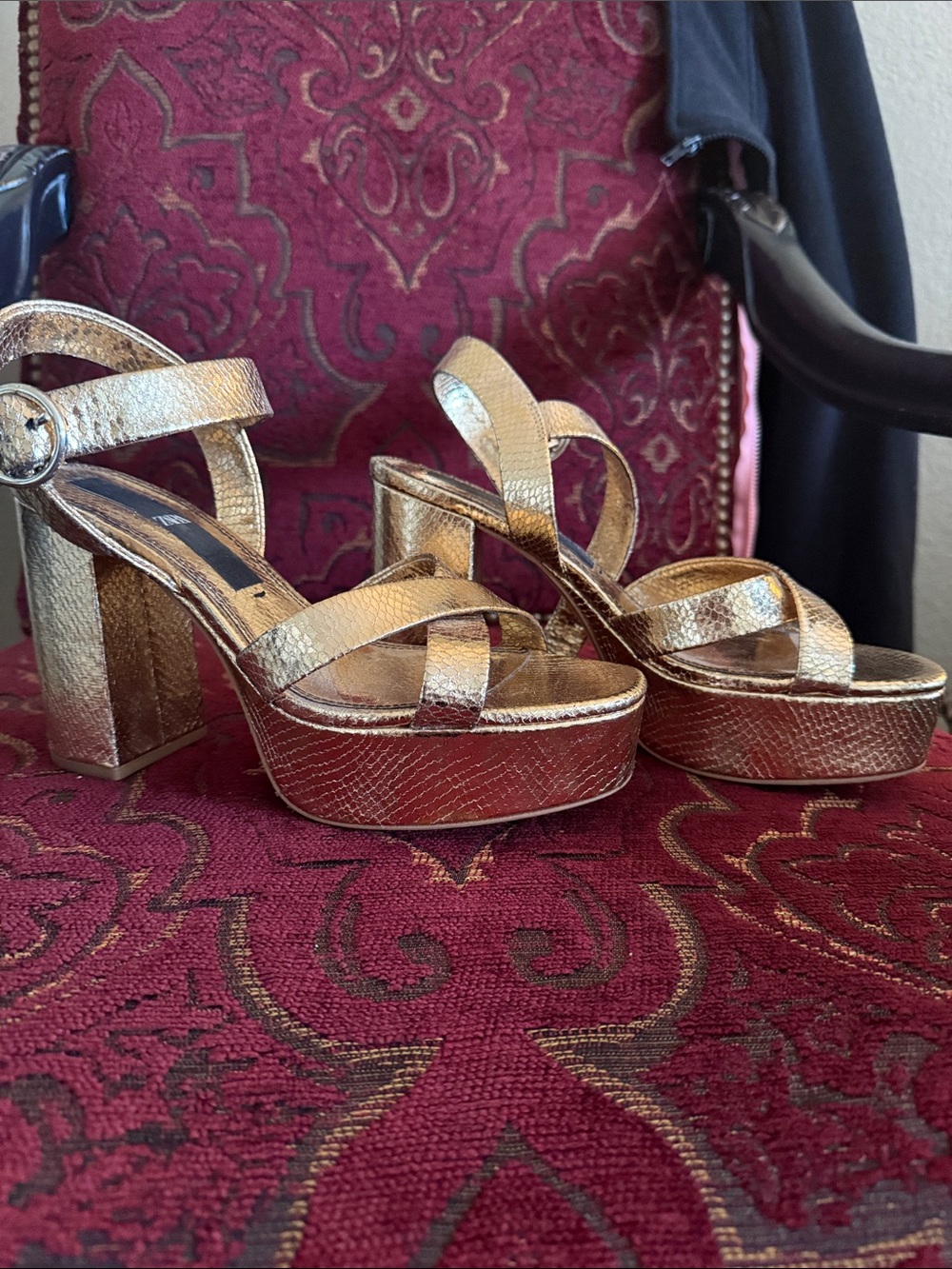 Zara Metallic Gold Platform Block Heel Sandals